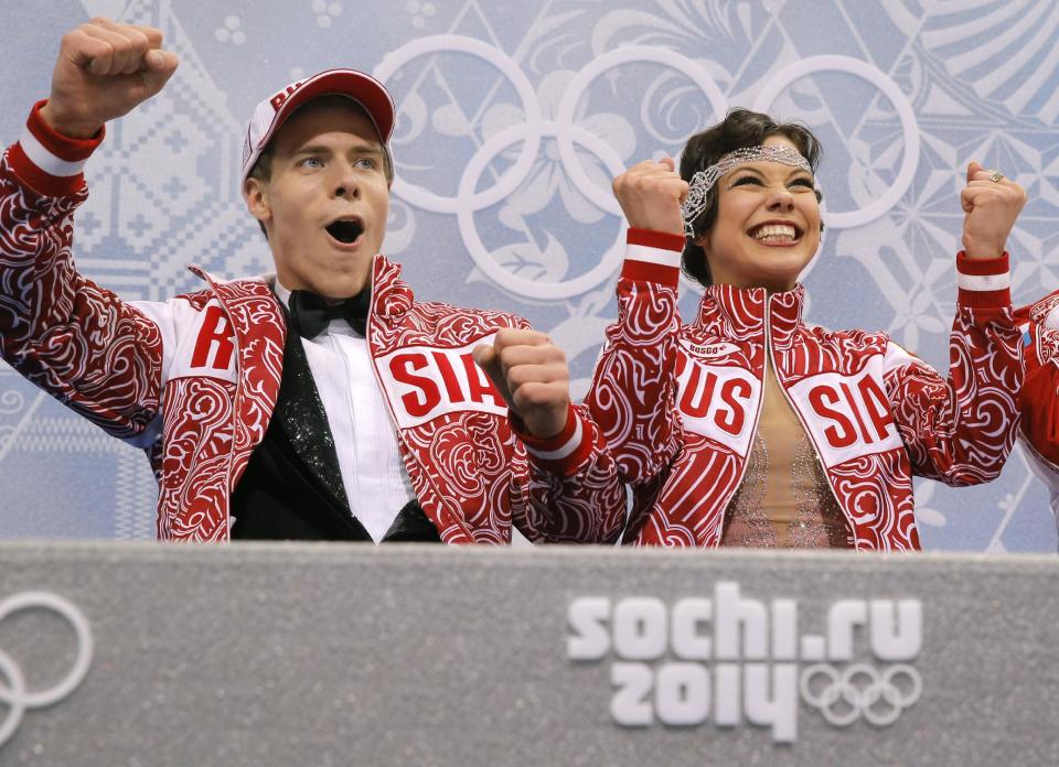 Elena Ilinykh and Nikita Katsalapov of Russia react in the results area after competing in the ice dance short dance figure skating competition at the Iceberg Skating Palace during the 2014 Winter Olympics, Sunday, Feb. 16, 2014, in Sochi, Russia. (AP Photo/Vadim Ghirda)