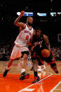 NEW YORK, NY - MAY 03: LeBron James #6 of the Miami Heat drives in the second half against Tyson Chandler #6 of the New York Knicks in Game Three of the Eastern Conference Quarterfinals in the 2012 NBA Playoffs on May 3, 2012 at Madison Square Garden in New York City. NOTE TO USER: User expressly acknowledges and agrees that, by downloading and or using this photograph, User is consenting to the terms and conditions of the Getty Images License Agreement. (Photo by Jeff Zelevansky/Getty Images)