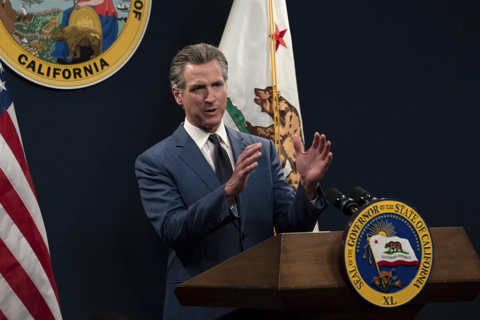 California Gov. Gavin Newsom answers a reporters question about his revised 2024-25 state budget during a news conference in Sacramento, Calif., Friday, May 10, 2024. (AP Photo/Rich Pedroncelli)