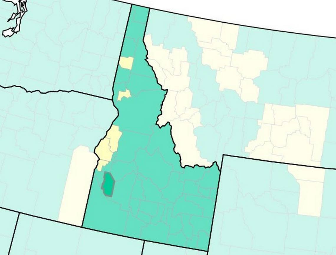 The U.S. Centers for Disease Control and Prevention’s COVID-19 community-level map by county, captured Tuesday. In this screenshot, Ada County is highlighted with a thicker border. Green means low risk, yellow means medium risk and red means high risk.