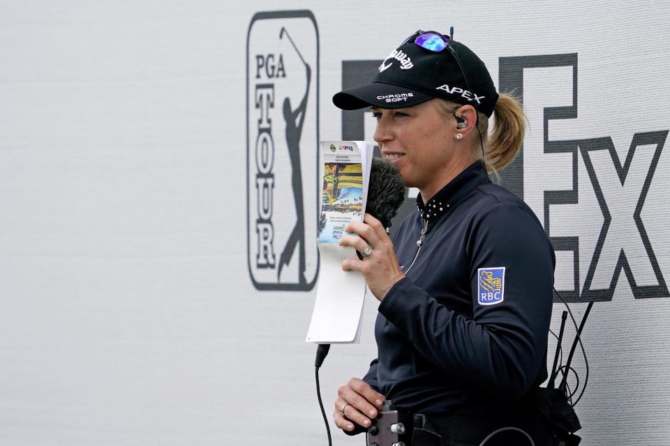 Mar 20, 2021; Palm Beach Gardens, Florida, USA; LPGA golfer and TV analyst Morgan Pressel works from the 17th hole during the third round of The Honda Classic golf tournament. Mandatory Credit: Jasen Vinlove-USA TODAY Sports