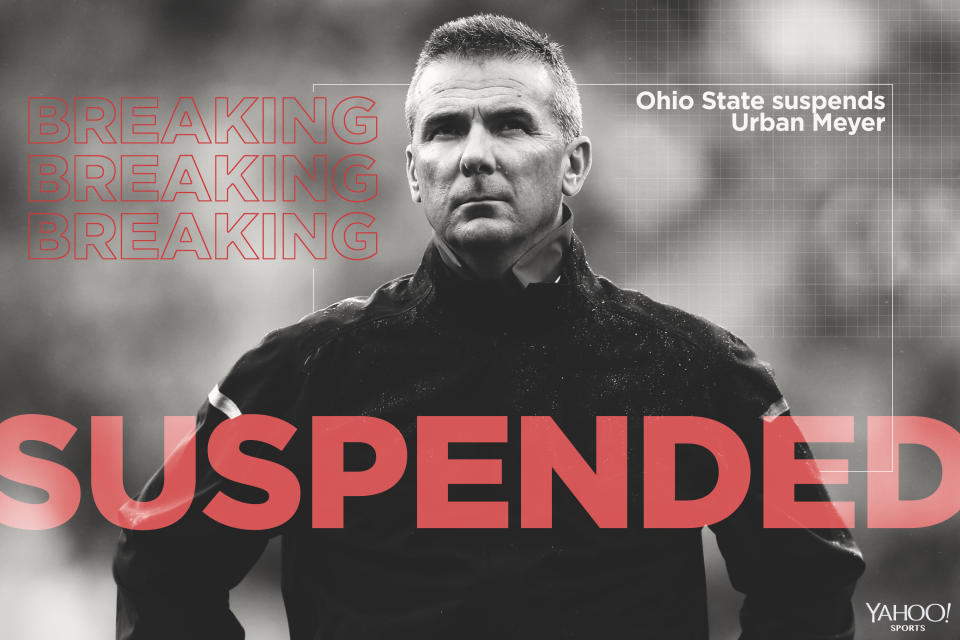 Urban Meyer was on paid administrative leave from Ohio State since Aug. 1 and will be suspended for the first three games of the season. (Getty)