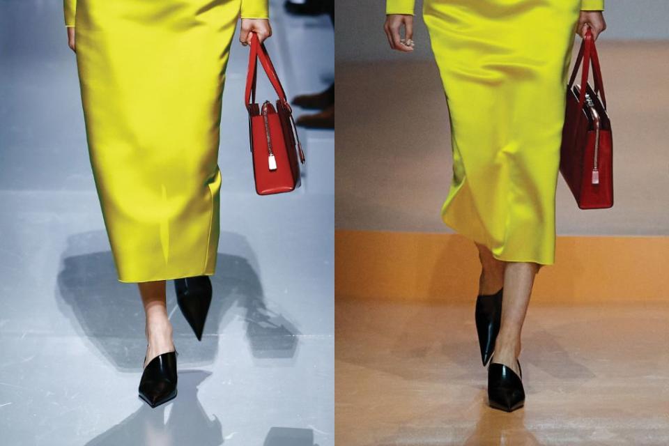 A closer look at Prada’s asymmetrical and exaggerated pointed toe pumps for spring ’22, paired with an electric yellow satin dress. - Credit: Courtesy of Prada