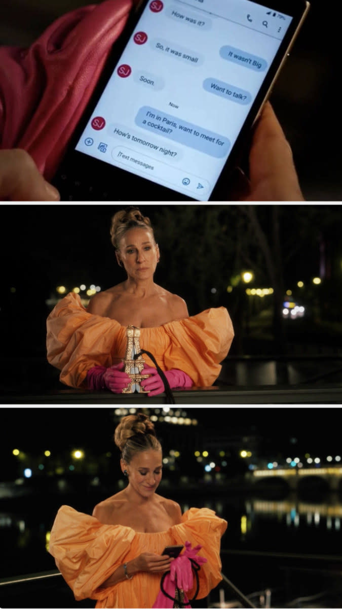 screenshots from season 1 of "And Just Like That", featuring Sarah Jessica Parker texting