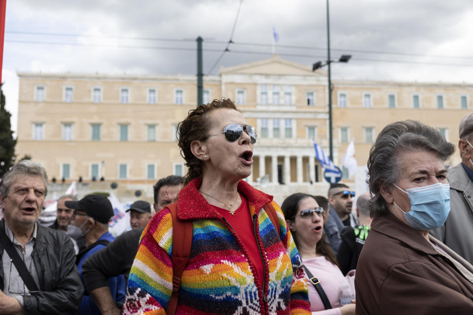 Protesters shout slogans during a rally following Feb. 28th train collision in central Greece, in front of the parliament, in Athens, Sunday, March 12, 2023. Thousands of people protested Sunday against safety deficiencies in Greece's railway network and to demand the punishment of those responsible for the deadliest accident in the country's history, which killed 57 on Feb. 28, when a freight train and a passenger train that had been mistakenly directed to the same track collided head-on in central Greece. (AP Photo/Yorgos Karahalis)