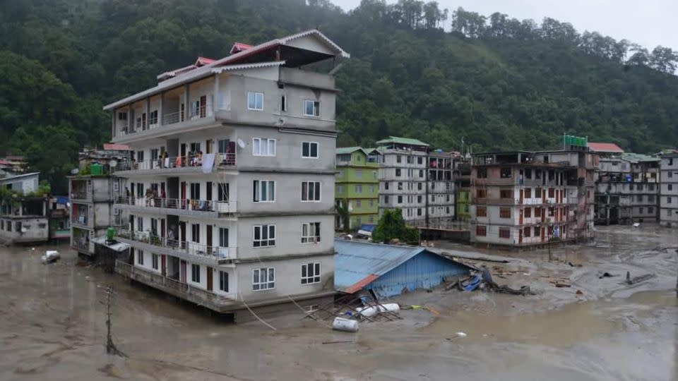 Buildings are inundated by flood waters in Rangpo town. - Prakash Adhikari/AP