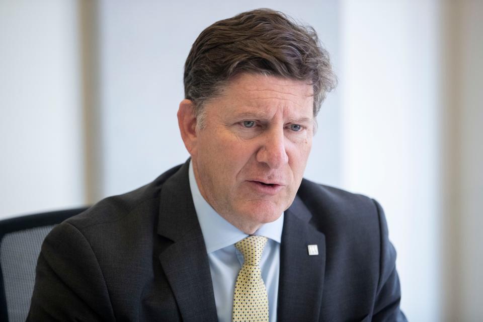 Tennessee Valley Authority President and CEO Jeff Lyash talks with editors and reporters Nov. 12, 2019, during a meeting with the editorial board at The Commercial Appeal office in Downtown Memphis.