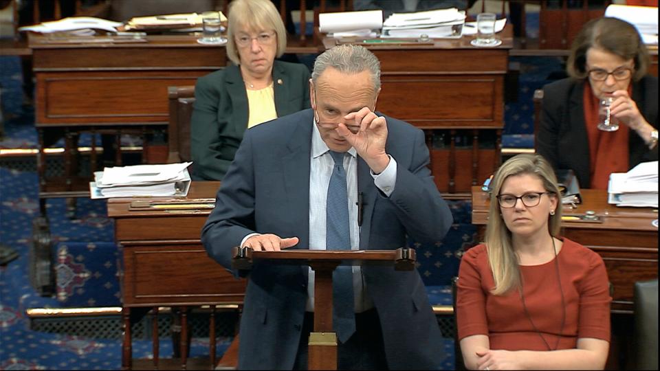 In this image from video, Senate Minority Leader Chuck Schumer, D-N.Y., offers an amendment regarding selective admission of evidence and handling of classified material during the impeachment trial against President Donald Trump in the Senate at the U.S. Capitol in Washington, Tuesday, Jan. 21, 2020. (Senate Television via AP) ORG XMIT: DCJE336