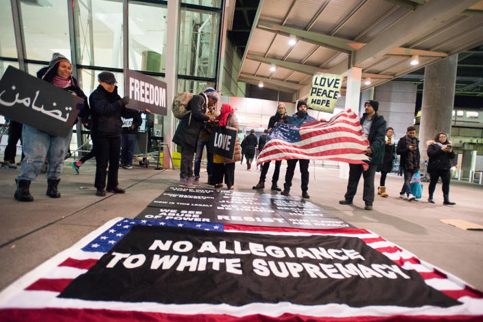 <p>Protestors rally during a demonstration against President Donald Trump’s immigration ban, at Kennedy International Airport in New York, Jan. 28, 2017. (Photo: Zach D Roberts/NurPhoto via Getty Images) </p>