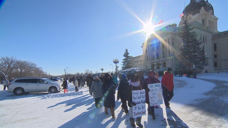 Teachers in Regina took to the legislative building as part of another one-day rotating strike.