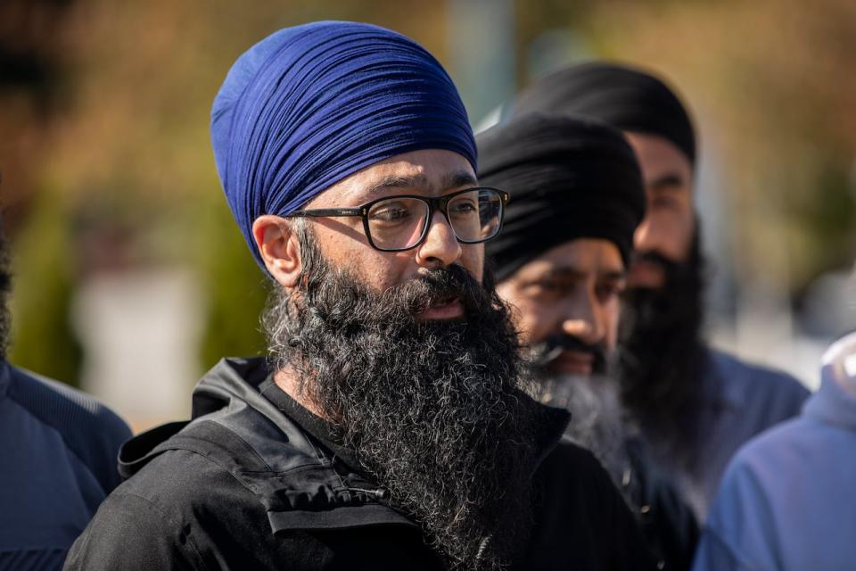 Moninder Singh, Gurdwaras council representative, speaks to media outside of the Guru Nanak Sikh Gurdwara where Hardeep Singh Nijjar was murdered in Surrey B.C, on Monday, September 18, 2023.