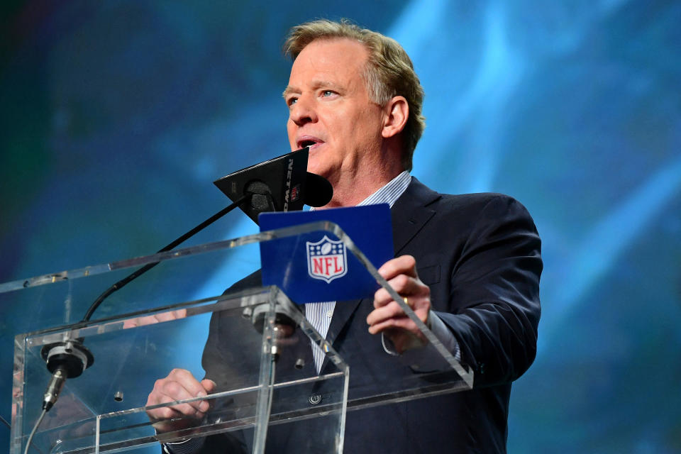 Apr 28, 2022; Las Vegas, NV, USA; NFL commissioner Roger Goodell speaks during the first round of the 2022 NFL Draft at the NFL Draft Theater. Mandatory Credit: Gary Vasquez-USA TODAY Sports