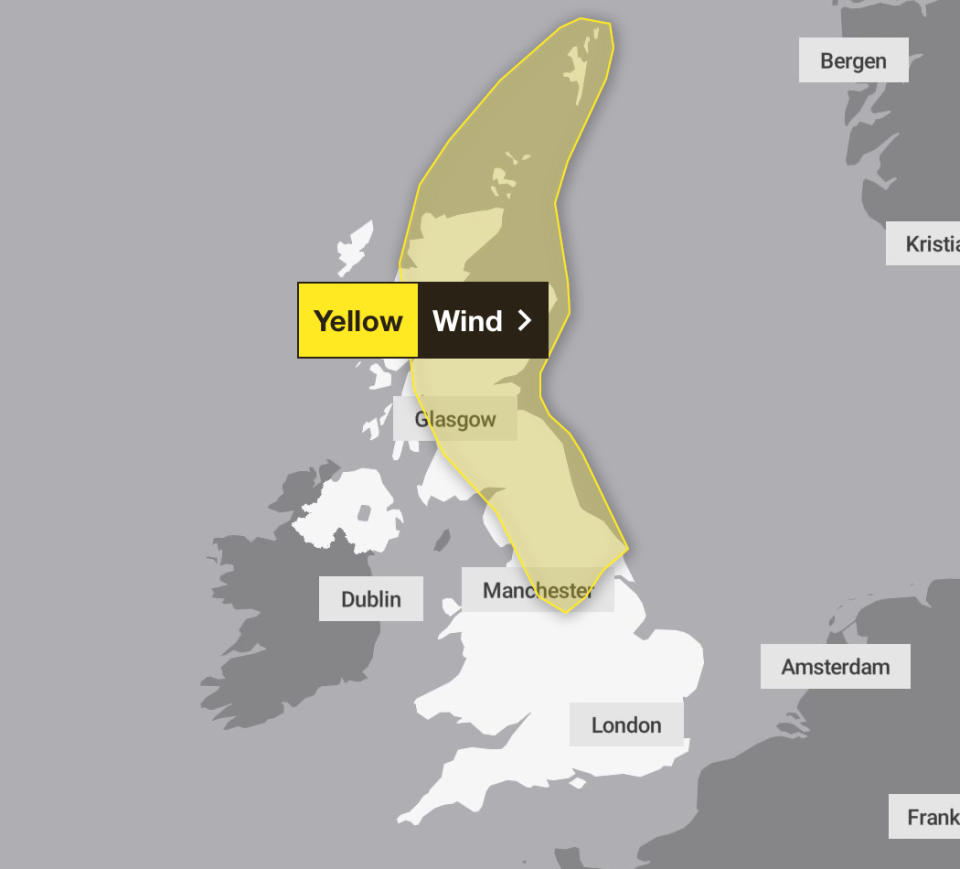 A yellow weather warning for wind is in place for northern parts of the UK on Wednesday. (Met Office)