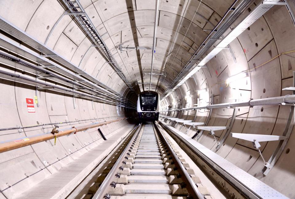 The Elizabeth line train in an underground tunnel.