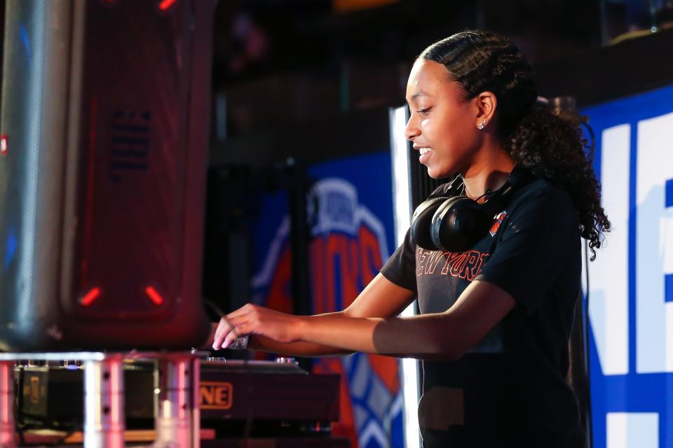 DJ Sophia Rocks performs during warmups before the start of the game between New York Knicks and Cleveland Cavaliers at Madison Square Garden on Apr 2, 2022 in New York, New York.