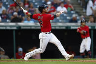 Cleveland Guardians' Luke Maile watches his solo home run off Detroit Tigers starting pitcher Bryan Garcia during the fourth inning in the second baseball game of a doubleheader Monday, Aug. 15, 2022, in Cleveland. (AP Photo/Ron Schwane)