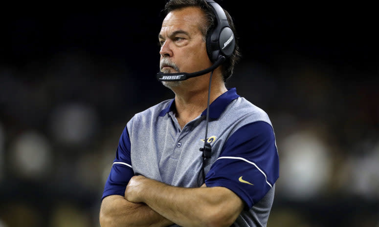 A closeup of Jeff Fisher on the Rams sideline.