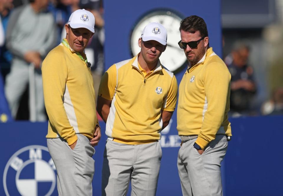 Vice-captain Padraig Harrington (left), Paul Casey (centre) and vice-captain Graeme McDowell (right) during practice ahead of the 2018 Ryder Cup (David Davies/PA) (PA Archive)