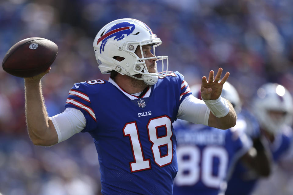 Buffalo Bills quarterback Case Keenum (18) passes during the first half of a preseason NFL football game against the Indianapolis Colts, Saturday, Aug. 13, 2022, in Orchard Park, N.Y. (AP Photo/Joshua Bessex)