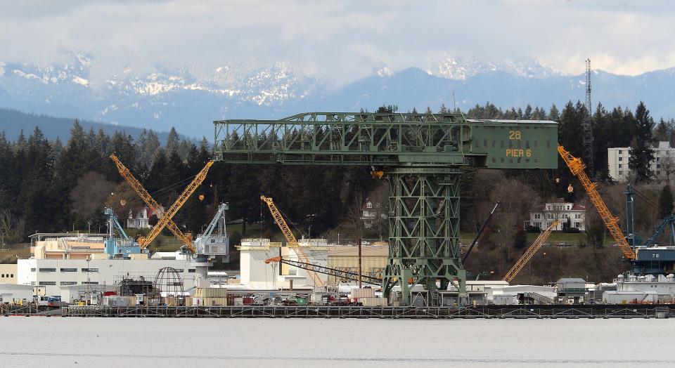 The Hammerhead crane at the Puget Sound Naval Shipyard in Bremerton on Friday, April 14, 2023. PSNS & IMF issued a shelter-in-place order for all of PSNS & IMF Bremerton after a suspicious package was found within the shipyards' Controlled Industrial Area on Tuesday, May 14, 2024.