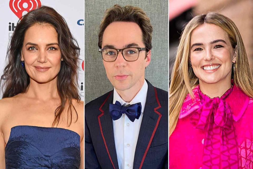 <p>getty (3)</p> Katie Holmes (L), Jim Parsons (C) and Zoey Deutch (R)