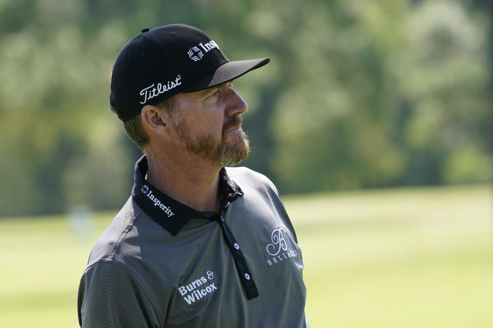 Jimmy Walker looks for his ball's placement on the ninth green during the first round of the Sanderson Farms Championship golf tournament in Jackson, Miss., Thursday, Oct. 1, 2020. (AP Photo/Rogelio V. Solis)