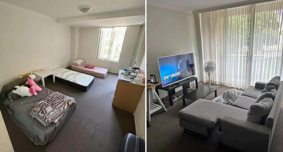 Left is an image of the room with three mattresses on the floor. Right image of the lounge room. 