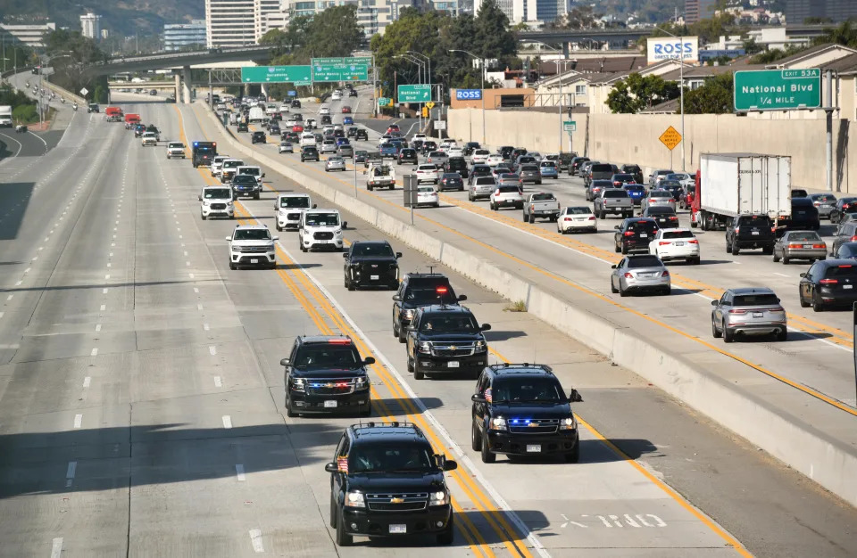 The motorcade with President Joe Biden drives on the 405 freeway on the way to LAX on Sunday.