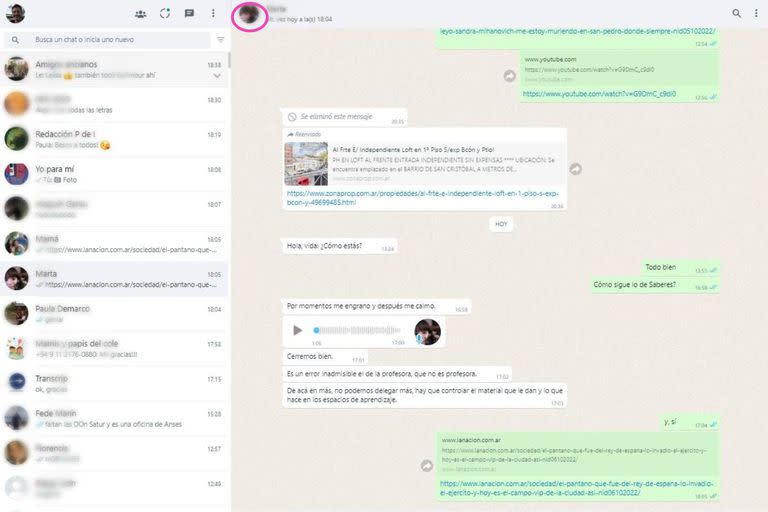 En WhatsApp web se abre una conversación y se clickea la foto de perfil del contacto o grupo elegido