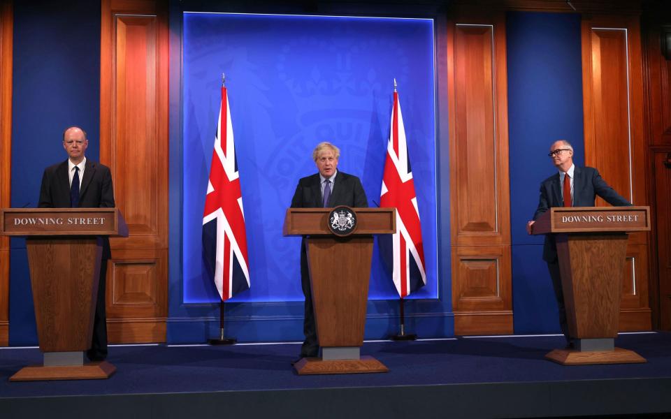 Chief Medical Officer Professor Chris Whitty, Prime Minister Boris Johnson and Chief scientific adviser Sir Patrick Vallance at the Downing Street press conference - Jonathan Buckmaster/Daily Express POOL