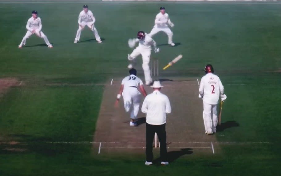 Northants' Rob Keogh was struck on the hand after a nasty delivery from Ajeet Singh Dale