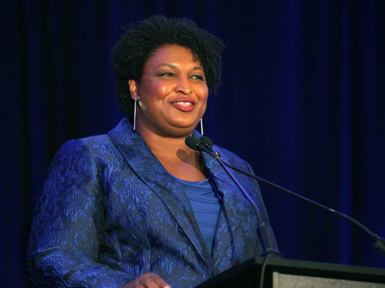 Stacey Abrams addresses the Gwinnett County Democratic Party fundraiser on Saturday, May 21, 2022, in Norcross, Ga