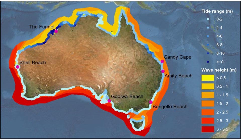 A map of Australia showing how wave height and tidal range vary around the country.