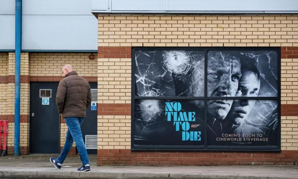 Cineworld in Stevenage, Hertfordshire, with a poster of No Time to Die.