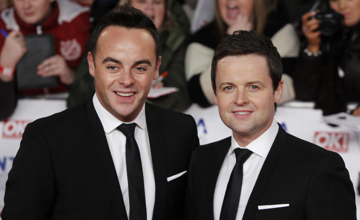 Ant and Dec arrive for the National Television Awards at the 02 Arena in east London, Wednesday, Jan. 25, 2012. (AP Photo/Joel Ryan)