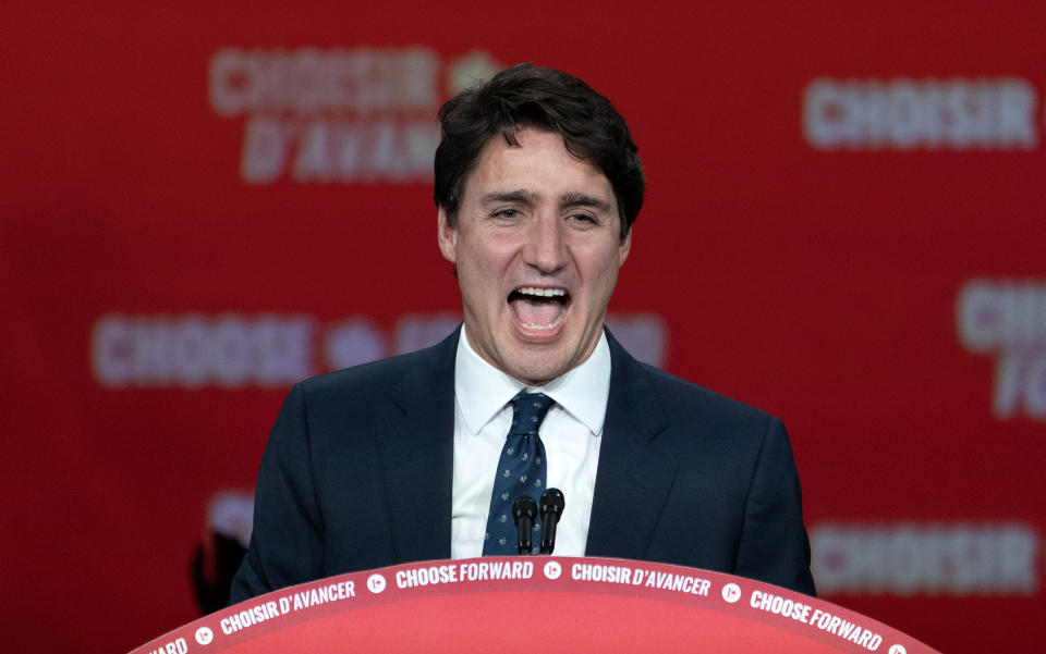 Liberal Leader Justin Trudeau delivers his speech in Montreal, on Tuesday, Oct. 22, 2019. (Paul Chiasson/Pool Photo via AP)