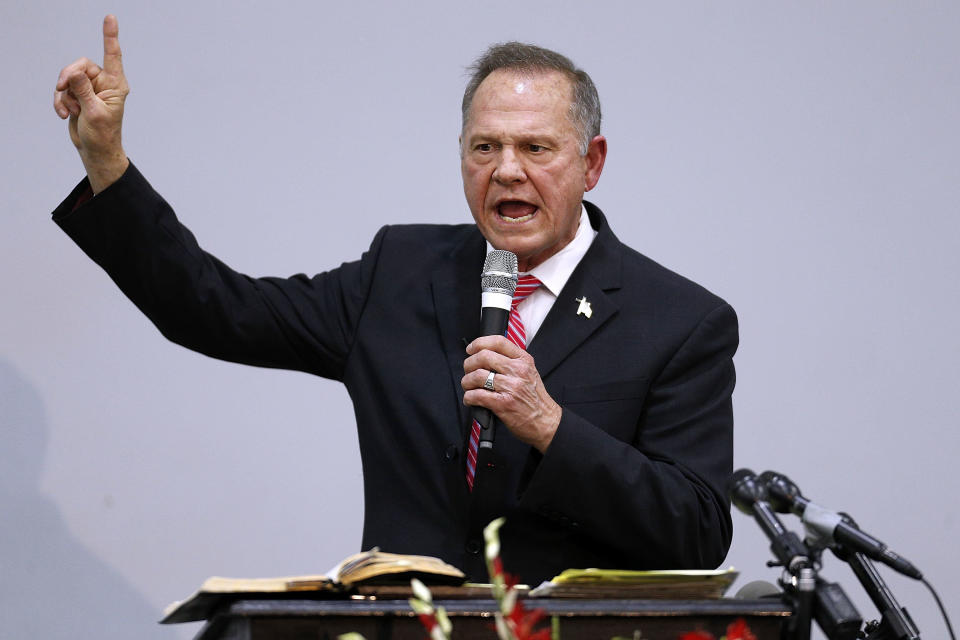 Roy Moore, the Republican candidate for Senate in Alabama, speaks during a campaign event on Tuesday.&nbsp; (Photo: Jonathan Bachman via Getty Images)