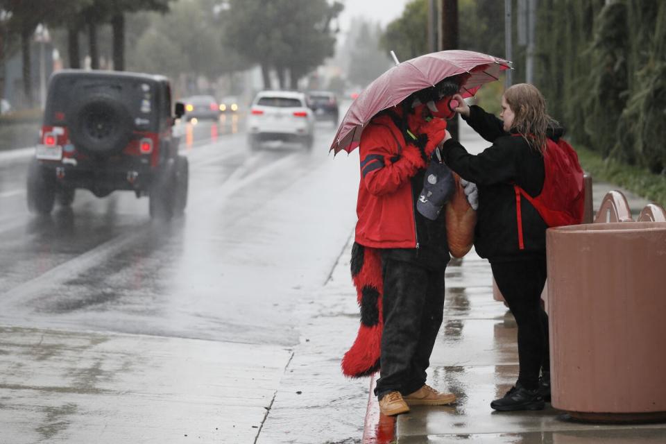 A person dressed as "Skrunki," left, and a woman stand under an umbrella in rain as they wait at a bus stop.