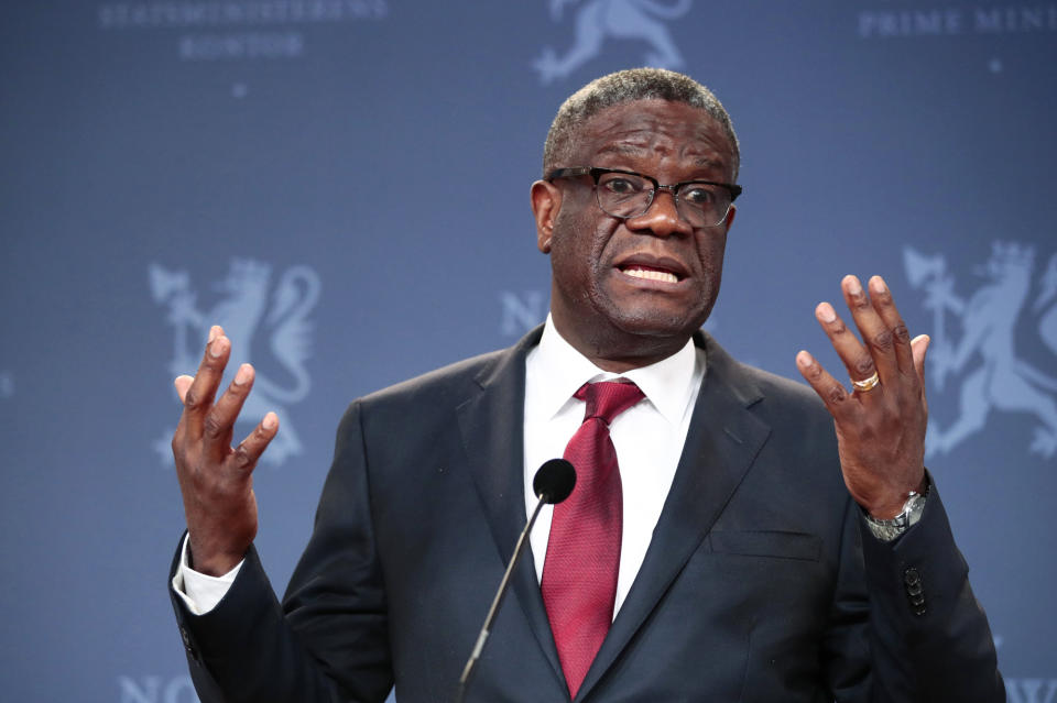 FILE - In this Dec. 11, 2018, file photo, Nobel Peace Prize laureate Dr. Denis Mukwege speaks to the media during a news conference in Oslo, Norway. The Nobel Peace-prize winning surgeon whose hospital in war-torn Congo has treated over 50,000 victims of sexual violence has launched a fund with the goal of providing reparations for survivors of conflicts around the world. (Lise Aserud/NTB scanpix via AP, File)