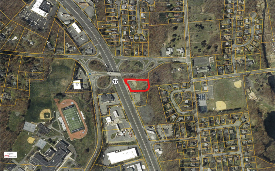 Mahwah's Ordinance 1956 would rezone property at 231 Route 17 North (outlined in red) to allow marijuana retail sales just south of the West Ramapo Avenue overpass.  The overpass leads to four of the township's six public schools, including Mahwah High School (lower left) a half-mile drive away.