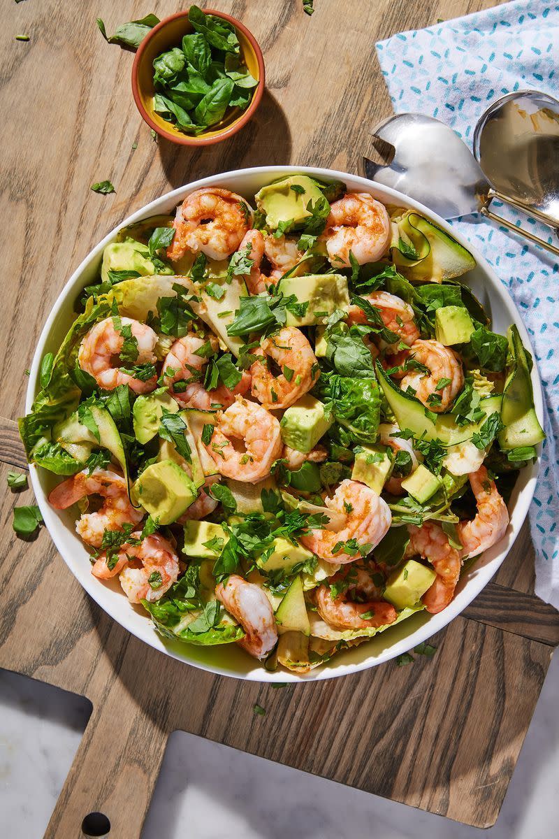 <p>This <a href="https://www.delish.com/uk/cooking/recipes/a31658178/taco-lime-shrimp-recipe/" rel="nofollow noopener" target="_blank" data-ylk="slk:prawn;elm:context_link;itc:0;sec:content-canvas" class="link ">prawn</a> salad is one of our favourite things to throw together. It takes literally 10 minutes to put together but thanks to the zingy dressing and fresh ingredients, it feels like so much love and attention has gone into it. </p><p>Get the <a href="https://www.delish.com/uk/cooking/recipes/a31952820/prawn-salad/" rel="nofollow noopener" target="_blank" data-ylk="slk:Prawn, Avocado & Courgette Salad;elm:context_link;itc:0;sec:content-canvas" class="link ">Prawn, Avocado & Courgette Salad</a> recipe.</p>