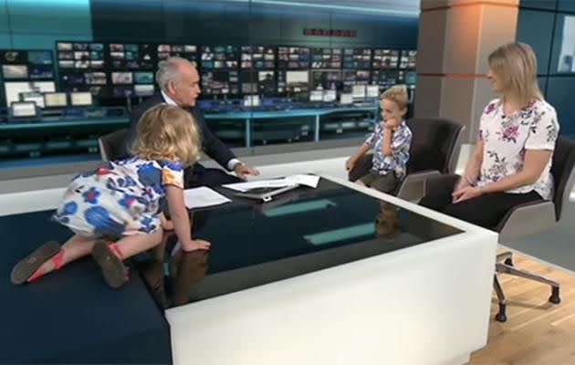 The hilarious moment was caught on camera, with little Iris making her way on to the desk. Photo: ITV