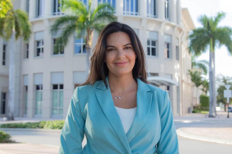 Nicole Reinoso, who is running for Doral City Council Seat 3, worked for Mayor Christi Fraga in 2019, when Fraga was a councilwoman. Reinoso poses in front of City of Doral Government Center in downtown Doral on Monday, June 3, 2024.