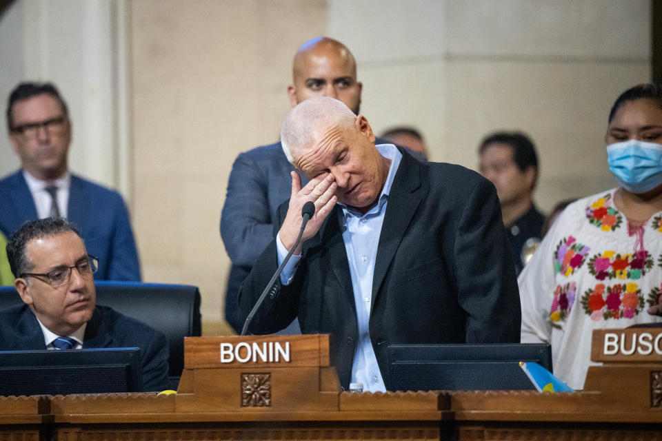 Los Angeles City Councilman Mike Bonin sheds tears as he speaks about the racist comments directed towards his son during Tuesdays council meeting on October 11, 2022. / Credit: Sarah Reingewirtz/MediaNews Group/Los Angeles Daily News via Getty Images