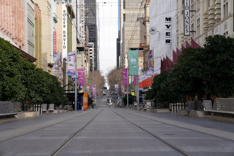 Bourke Street mall is seen devoid of people after Melbourne re-entered lockdown to curb a resurgence of COVID-19