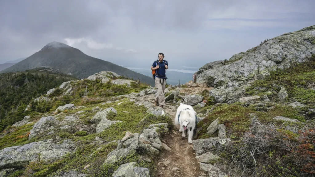 Man hikes with dog on Avery Peak above Flagstaff Lake along the Appalachian Trail in Maine's Bigelow Mountains