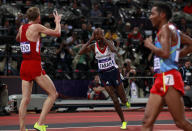 Great Britain's Mo Farah celebrates after winning with his training partner USA's Galen Rupp (left) after the Men's 10,000m Final during day eight of the London Olympic Games at the Olympic Stadium,, London.. Picture date: Saturday August 4, 2012. See PA story OLYMPICS Athletics. Photo credit should read: Dave Thompson/PA Wire. EDITORIAL USE ONLY