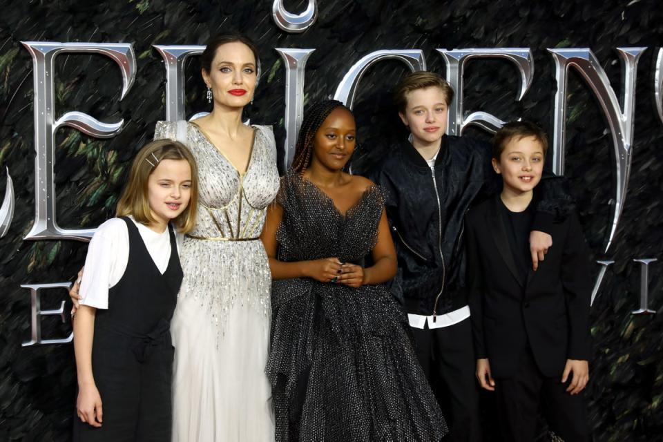 From left, Vivienne Marcheline Jolie-Pitt, Angelina Jolie, Zahara Marley Jolie-Pitt, Shiloh Nouvel Jolie-Pitt and Knox Jolie-Pitt attend the European premiere of Maleficent: Mistress of Evil at London’s Odeon IMAX Waterloo on October 9, 2019 (Tim P. Whitby/Getty Images)