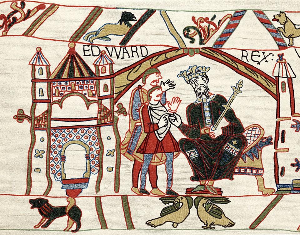 Edward the Confessor on his throne, in a scene from the Bayeux Tapestry. <a href="https://www.gettyimages.com/detail/news-photo/edward-the-confessor-anglo-saxon-king-of-england-1070s-news-photo/463916041?adppopup=true" rel="nofollow noopener" target="_blank" data-ylk="slk:Ann Ronan Pictures/Print Collector/Hulton Archive via Getty Images;elm:context_link;itc:0;sec:content-canvas" class="link ">Ann Ronan Pictures/Print Collector/Hulton Archive via Getty Images</a>