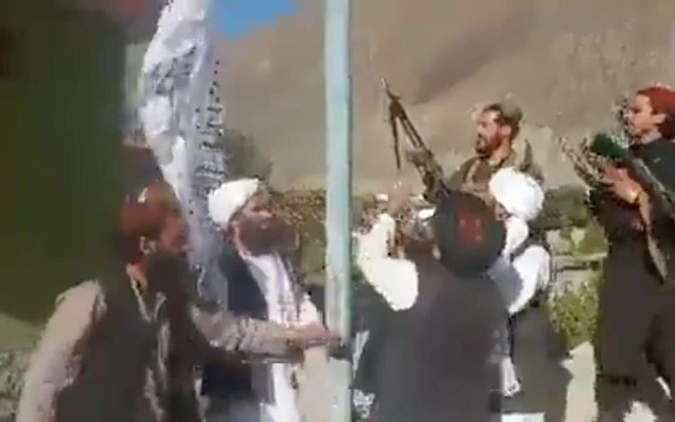 A photograph posted to Twitter is thought to show Taliban raise the flag outside the governor's office in the Annaba district of Panjshir 